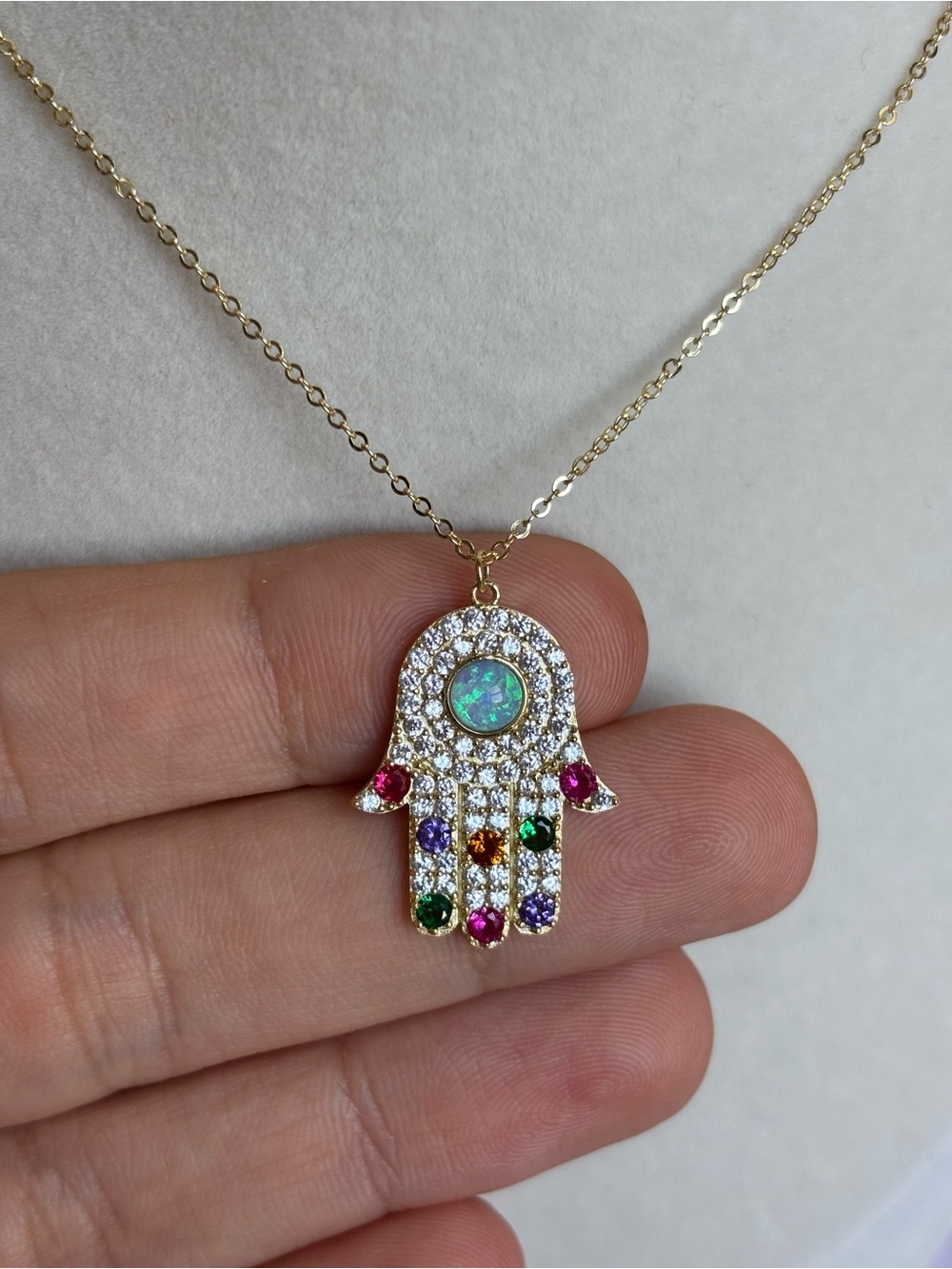 Gold Hamsa Necklace with Opal Center and Multicolor Gem Accents